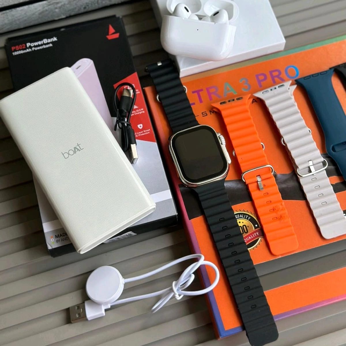 *7 in 1 Smartwatch Combo Set with 7 Interchangeable Straps,*  🔥10,000 mah boat powebank 🔥tws airpod 🔥