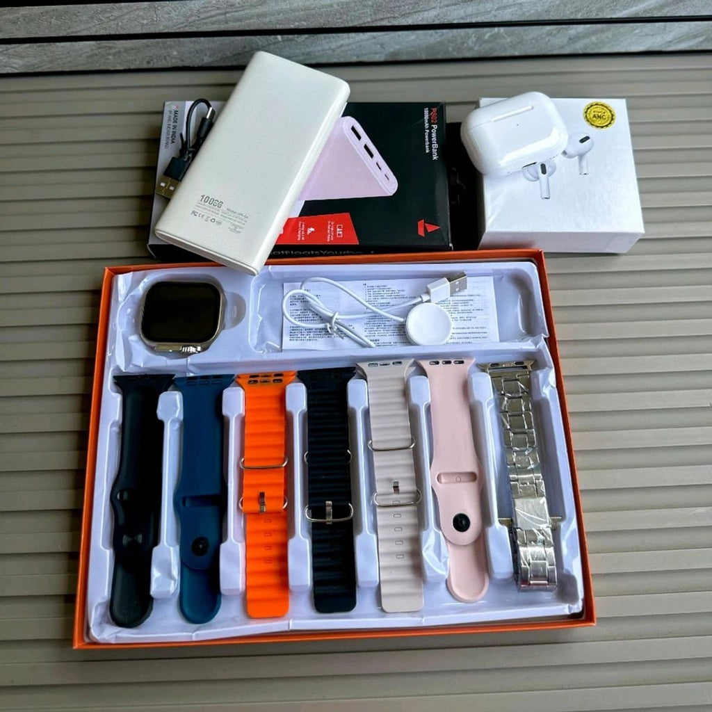 *7 in 1 Smartwatch Combo Set with 7 Interchangeable Straps,*  🔥10,000 mah boat powebank 🔥tws airpod 🔥